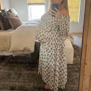 Doen Off-Shoulder Floral Dress in Cream and Blue